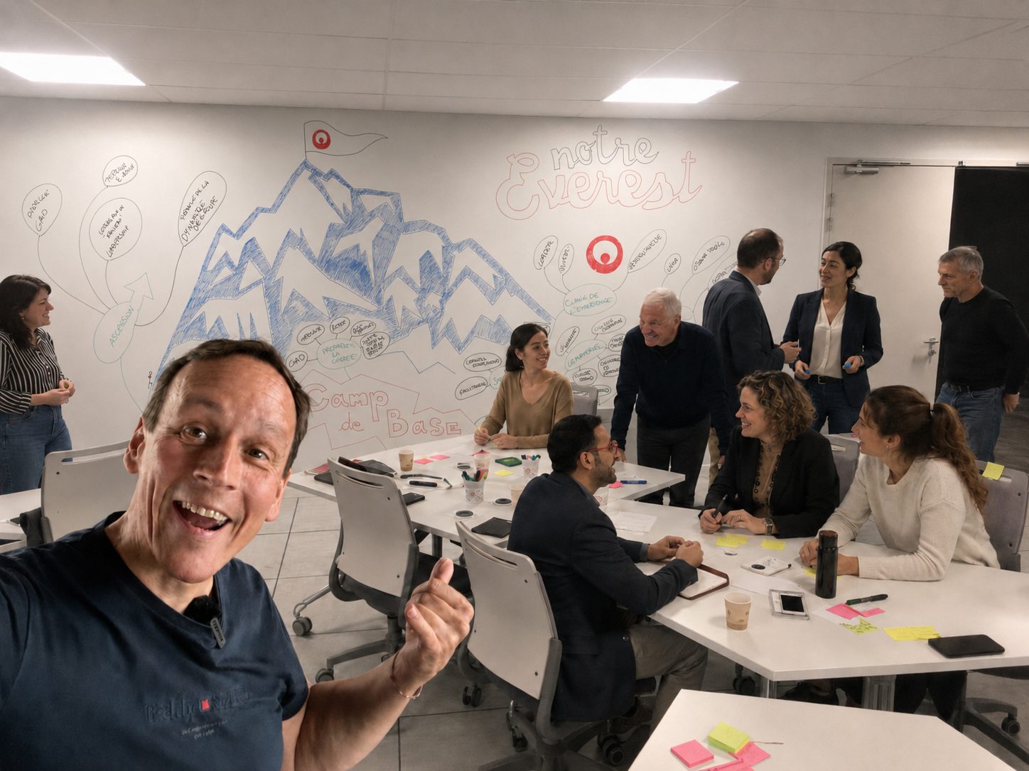 Atelier Notre Everest en séminaire Veolia Eau — participants autour d'une fresque murale